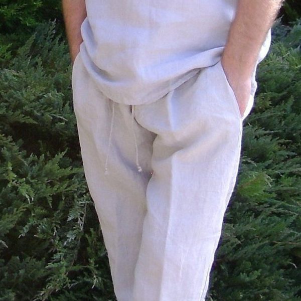 Men’s Linen Trousers and Linen Top, Summer Set, Sleeveless Shirt with Fastener Dekorat on Buttons, Regular Fit Pants with Elastic Belt & Tie