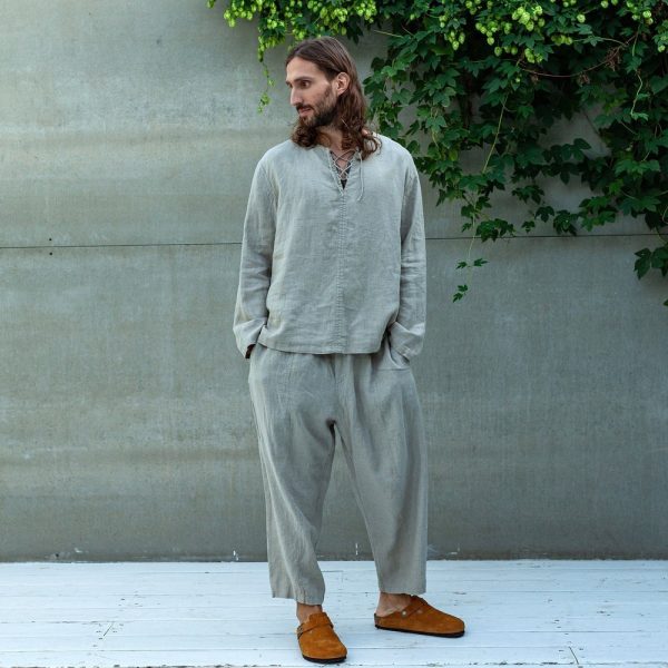 Men’s Linen Two Piece Set Shirt & Pants, Natural Linen Clothing, Handmade with French Seams