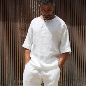 men’s linen shirt and pants, linen set for men,white summer set for men,Mateo Linen set .natural linen clothing