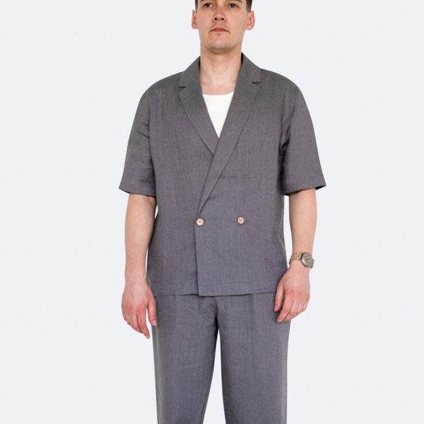 Linen Clothing Set – Double Breast Shirt & Wide Leg Linen Pants – Relaxed Fit Two Piece Suit Men – Casual Linen Outfit