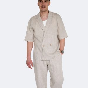 Natural Linen Set for Men – Double Breast Shirt & Wide Leg Pants – Relaxed Fit Two Piece Outfit – Casual Linen Suit