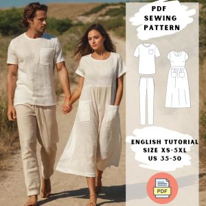 Couple’s Linen Outfit Sewing Pattern PDF – Men’s Linen Shirt – Women’s Patch Pocket Linen Dress XS-5XL – Summer Matching Set